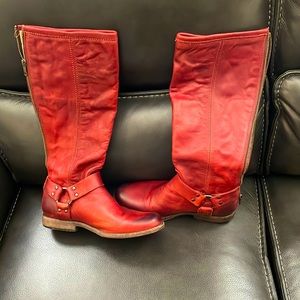 Frye burnt red leather boots, 7.5, gorgeous leather, gently used. Slim calf.